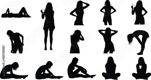 Collection of silhouette female character poses including standing with coffee, sitting, relaxing, stretching, and expressing various emotions for graphic design