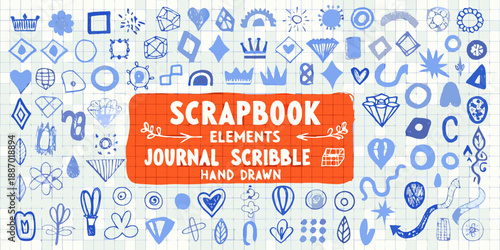 Hand drawn scrapbook elements and journal doodles on lined paper background