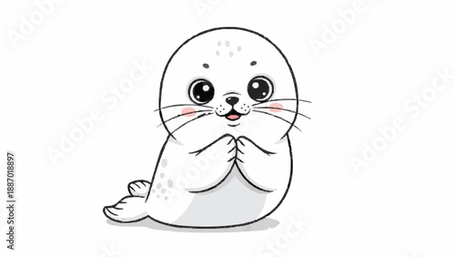 Incredibly cute kawaii baby seal pup with huge, sparkling eyes and blushing cheeks, sitting with its flippers together in a sweet pose on a background.