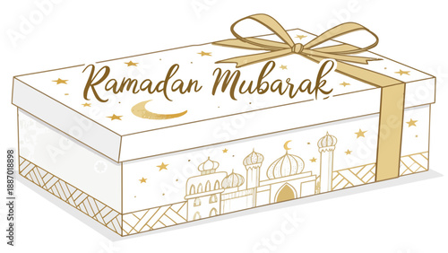 Ramadan mubarak gift box with golden ribbon and mosque design on white background for festive occasions