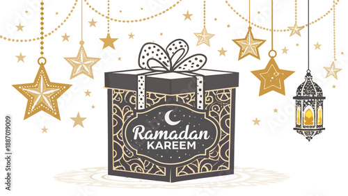 Ramadan kareem gift box with stars and lantern on white background islamic holiday celebration symbol