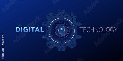 Digital technology concept with gears circuits and abstract blue background