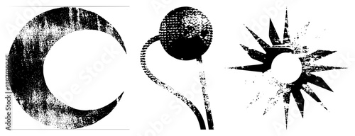 Grunge Textured Celestial Symbols Moon, Globe, and Sunburst Set