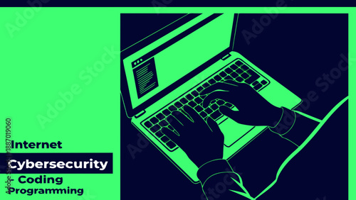 A close-up, dramatic, high-contrast photograph of human hands actively typing on a modern laptop computer keyboard, illuminated by an eerie neon green glow, in a completely dark environment. The lapto