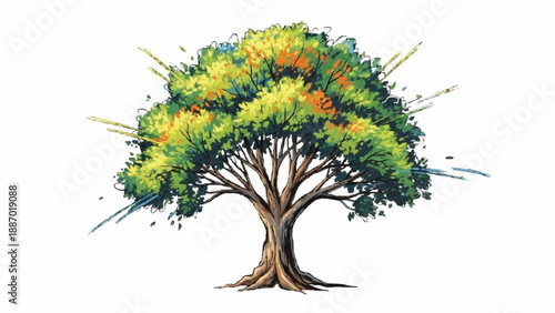 Beautiful watercolor-style illustration of a majestic tree with a full canopy of green and yellow leaves, painted in a loose, artistic style.