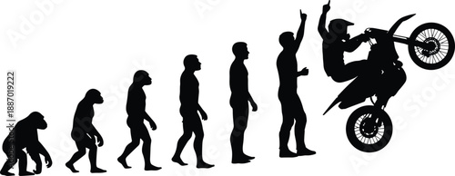 Human evolution silhouette progression from early primate to modern man and an extreme motocross rider performing a motorcycle wheelie stunt