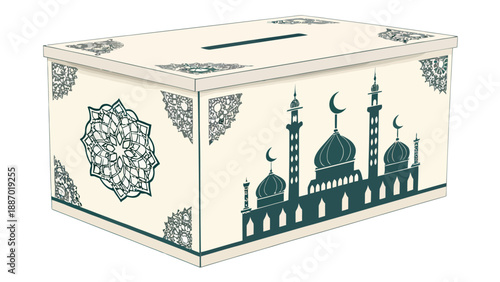 Ramadan charity donation box with mosque silhouette and floral patterns on cream background for zakat and sadaqah