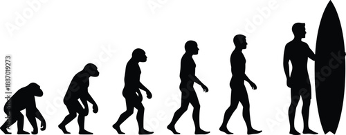 Human evolution concept silhouette from primate to modern surfer holding surfboard for summer vacation sports and coastal outdoor activity themes