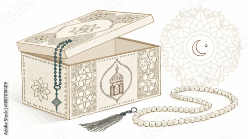 Ramadan care package box with rosary and crescent moon symbol islamic gift box with mosque design and beads