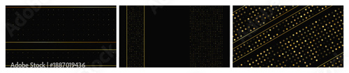 Set of dark backgrounds with golden lines and glittering dots