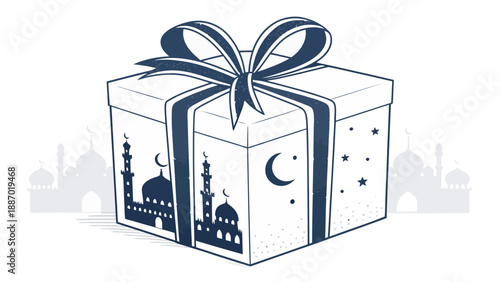 Ramadan gift package silhouette with mosque and crescent moon vector illustration for eid celebration