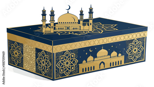 Ramadan gift box with mosque silhouette vector gold and blue islamic design cultural symbol