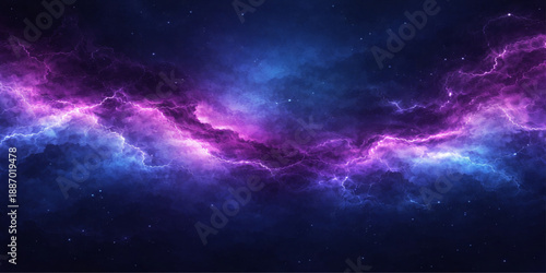 An abstract space background captures a dark night sky filled with a bright blue galaxy nebula and shimmering stars across the vast cosmos of the universe