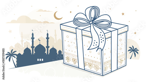 Ramadan gift box vector silhouette minimalist islamic celebration package with mosque and crescent moon background
