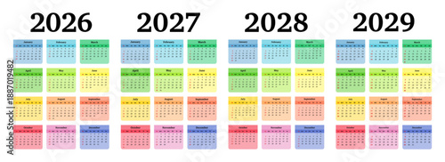 Set of calendars for 2026, 2027, 2028 and 2029 on a white background