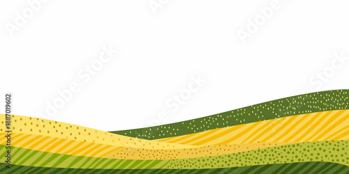 Rolling hills of green and yellow fields in a stylized landscape