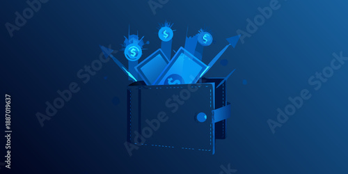 Open wallet with money and arrows representing financial growth and investment