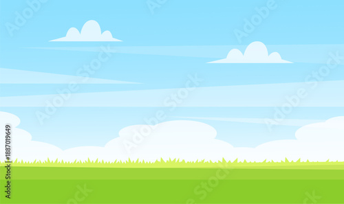 Outdoor green grassland background with bright sky. Vector stock