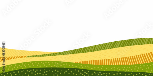 Rolling green and yellow hills with a simple stylized landscape background