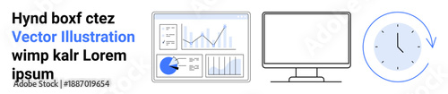 Analytics dashboard with charts and graphs, blank computer screen, and clock with arrow indicative of time. Ideal for data analysis, reporting, productivity, efficiency, workflow, time management