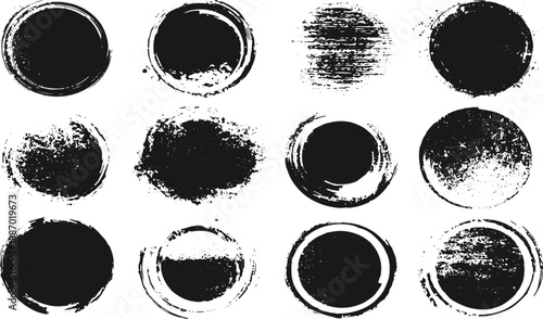 Round Grunge Stamp Circle Set with Hand Drawn Rough Edges.Vintage badge, seal, and ink mark design elements with distressed handcrafted texture.