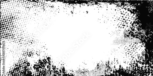 Black and White Halftone Dot Pattern Texture with Scattered Speckles.Abstract grainy background featuring distressed dots and subtle noise for modern graphic design.