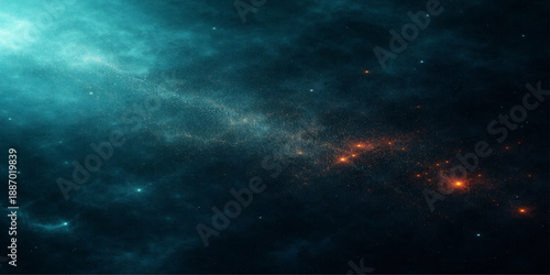 A deep abstract space background features a dark blue galaxy nebula with bright stars and fantasy lightning clouds across the cosmic universe