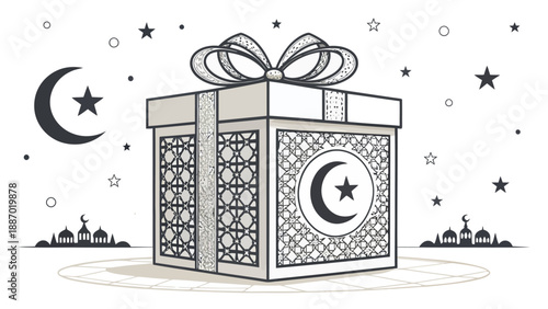 Islamic festive gift box silhouette with star and crescent moon on white background for ramadan or eid celebration