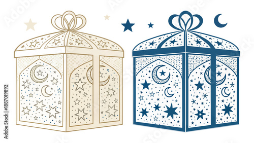 Islamic festive gift boxes with star and moon patterns in blue and beige colors for ramadan or eid celebrations