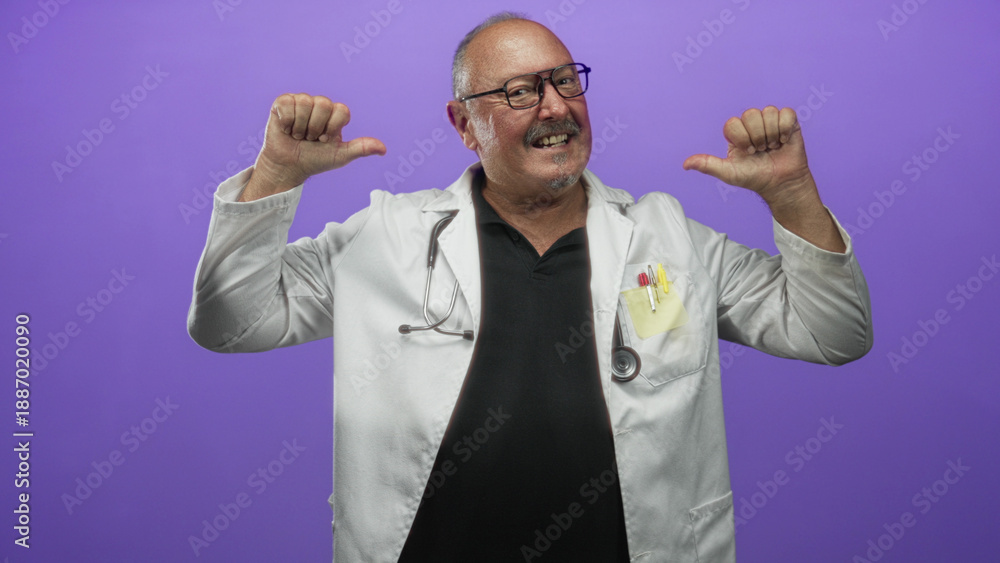 Naklejka premium Man doctor in white coat points thumbs to chest with stethoscope and glasses in studio; confidence warmth.