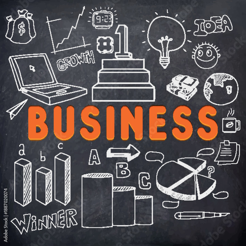 stylish text business with infographic elements created by white chalk on blackboard