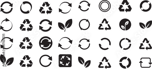 Eco Recycle and Circular Refresh Icons Black Vector Set