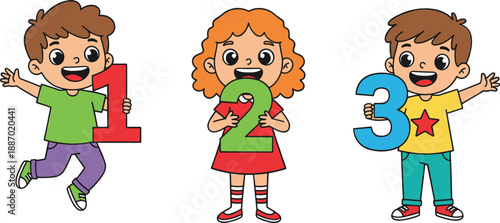 Cute children holding numbers one two three learning counting math education cartoon character vector illustration isolated