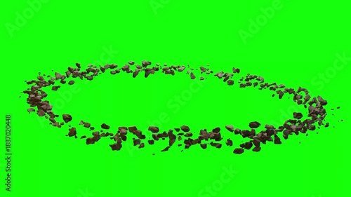 3d render of floating rock debris ring rotating in a circle on green screen chroma key background for sci-fi explosion visual effects and asteroid belt compositing