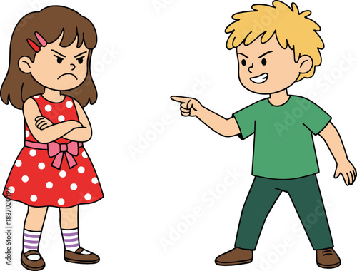 Angry boy and girl arguing conflict children emotion disagreement cartoon character vector illustration isolated on white