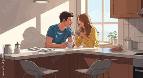Intimate kitchen conversation between couple holding mugs, captured from a warm natural-light viewpoint