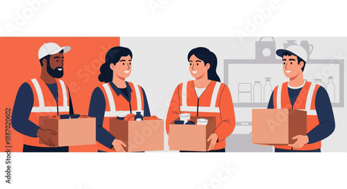 Warehouse workers holding boxes in safety vests, logistics office illustration, front view