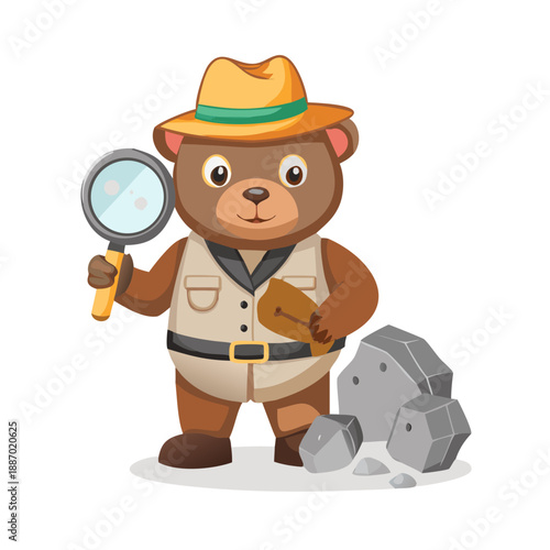 A brown bear wearing a khaki explorer hat and vest, holding a small hammer and a magnifying glass over a fossil.