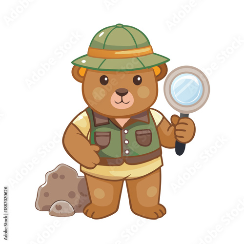 A brown bear wearing a khaki explorer hat and vest, holding a small hammer and a magnifying glass over a fossil.