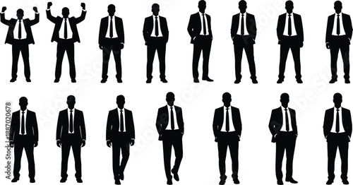 Businessman silhouettes set showing confident standing walking and victory poses representing corporate leadership success vector illustration isolated background