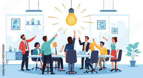 Team celebrates bright idea in modern office with glowing lightbulb illustration