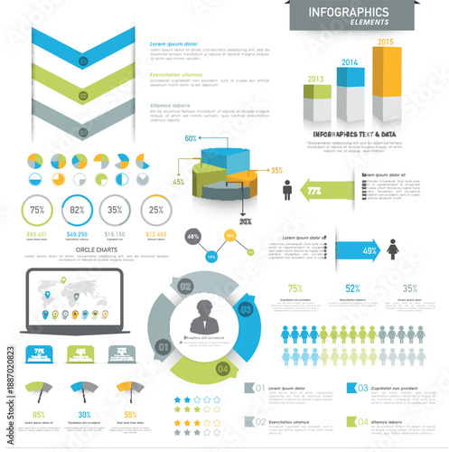 various business infographics elements including 3d pie chart annual statistical bars