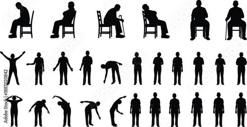 Large collection of black silhouette male character poses featuring elderly men sitting on chairs with canes and young men exercising and stretching