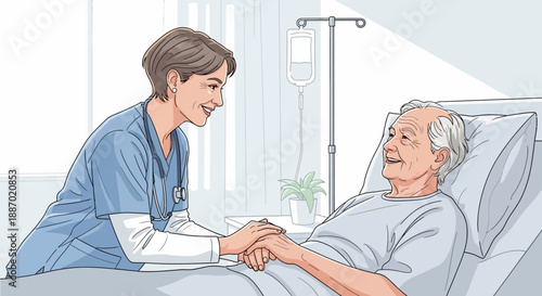 Compassionate Nurse Offering Comfort to Elderly Patient in Hospital Bed Cartoon Illustration
