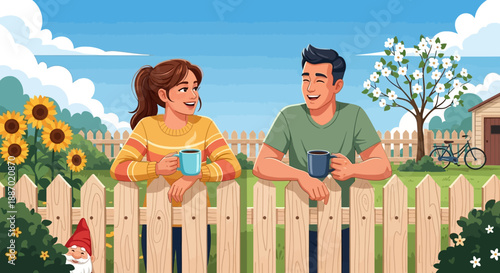 Man and Woman Conversation Across Garden Fence in Tranquil Outdoor Scene