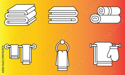 Bathroom towel icon set on warm gradient background featuring folded towels, rolls, racks and holders for hygiene, hotel, spa, laundry, and interior design concepts