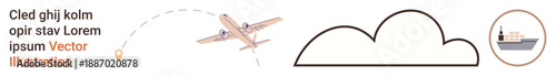 Transportation, logistics, travel routes, cargo shipping, global delivery, supply chain. Stylized airplane with a dashed path, cloud and ship. Transportation and logistics theme
