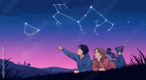 Stargazing Trio Observes Constellations on Grassy Hill Under Starry Night Sky