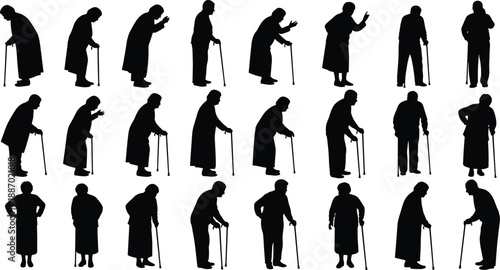 Large set of black silhouettes featuring elderly men and women walking with canes in various hunched and standing poses for geriatric care and senior health concepts