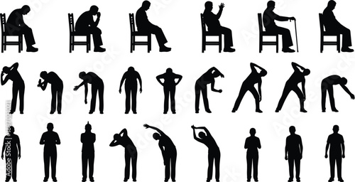 Large set of black silhouette male character poses featuring elderly men sitting on chairs with canes and active men performing diverse stretching exercises
